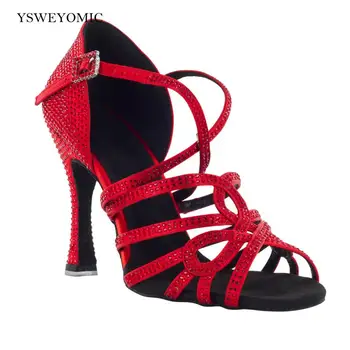 נעלי ריקוד 2021 סגנון חדש סאטן אדום גביש באיכות גבוהה זמש Outsole לנשים נעלי ריקוד לטיני מקורה אישית הלטינית נעליים התמונה