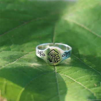 פשוט אישיות עיצוב חריטה פטריות Branche לעזוב את הדשא צמח תבנית טבעת מגמת אופנה נשים מתכת טבעת פתוחה בשבילה. התמונה