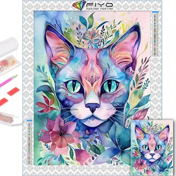 FIYO מלא תרגיל מרובע עגול היהלום ציור בצבעי מים החתול 5D DIY פסיפס חיה רקמה ערכת פרח לקישוט הבית. התמונה