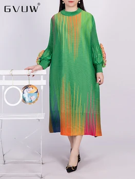 GVUW אפליקציות קפלים שמלה לנשים בצבע בלוק O-צוואר רופף פנס שרוול 2023 הקיץ הנשי להדפיס שמלות ערב 17J0428 התמונה