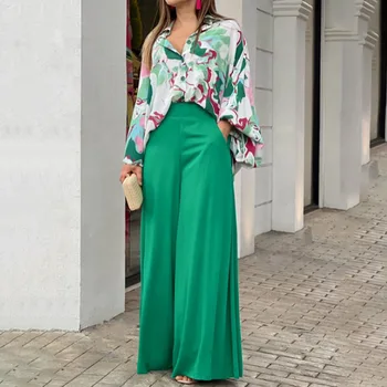 נשים אביב מודפסים חולצה אלגנטית רחב הרגל מכנסיים אופנה מזדמן להגדיר נשים אחת עם חזה שרוול ארוך מכנסיים ירוקים 2PC להגדיר התמונה
